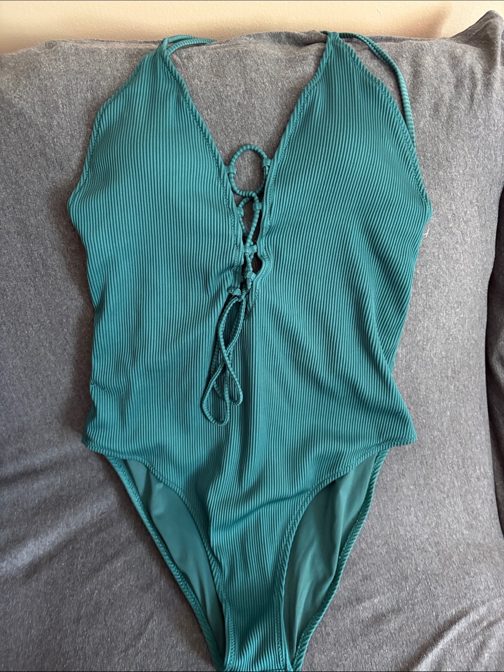 Teal Ribbed Lace-Up One-Piece Swimsuit